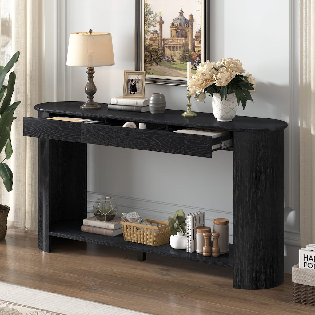59.8"Modern Veneer Console Table with 3 Drawers,Farmhouse Entryway Table with Shelf,Wood Sofa Table with Semi-Circular Design