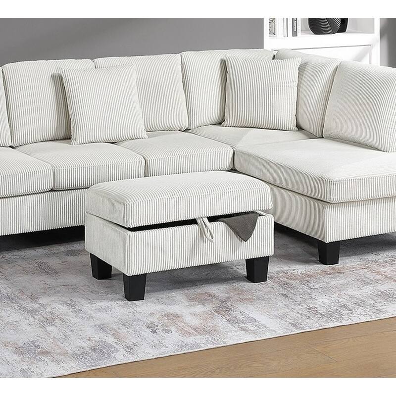 3pc Sectional Set with Chaise, Sofa & Storage Ottoman, Beige Corduroy, Pillows Included