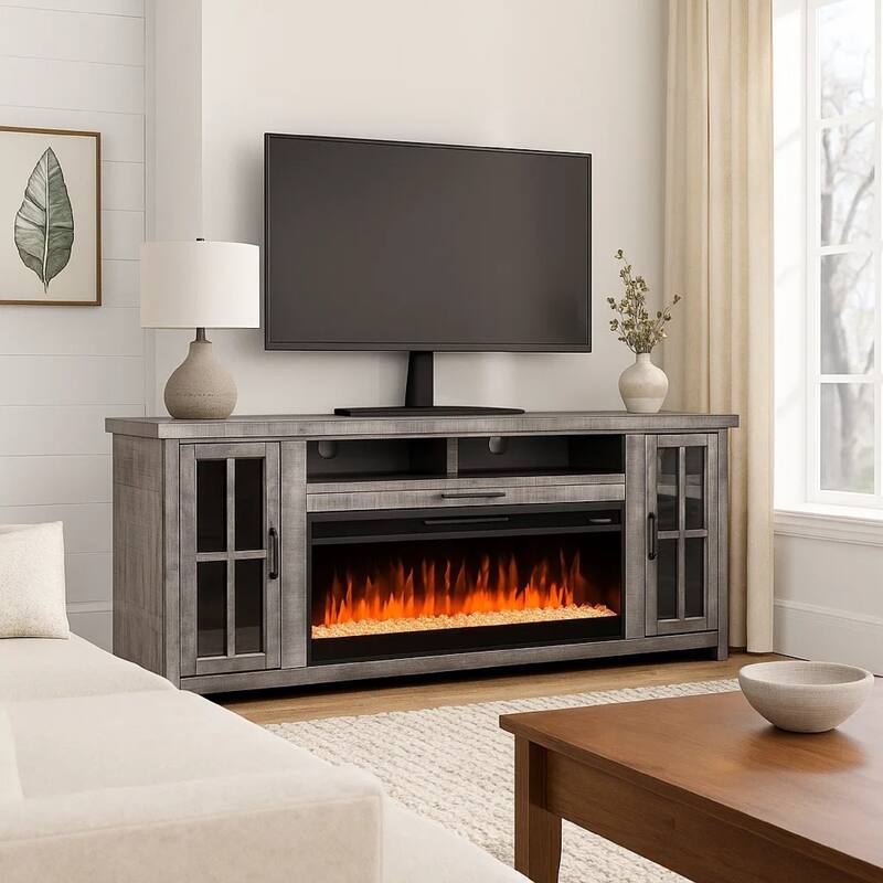Gery TV Media Console w Crystal Fireplace Insert Option, 76 Inch, 2 Cabinets, Gray