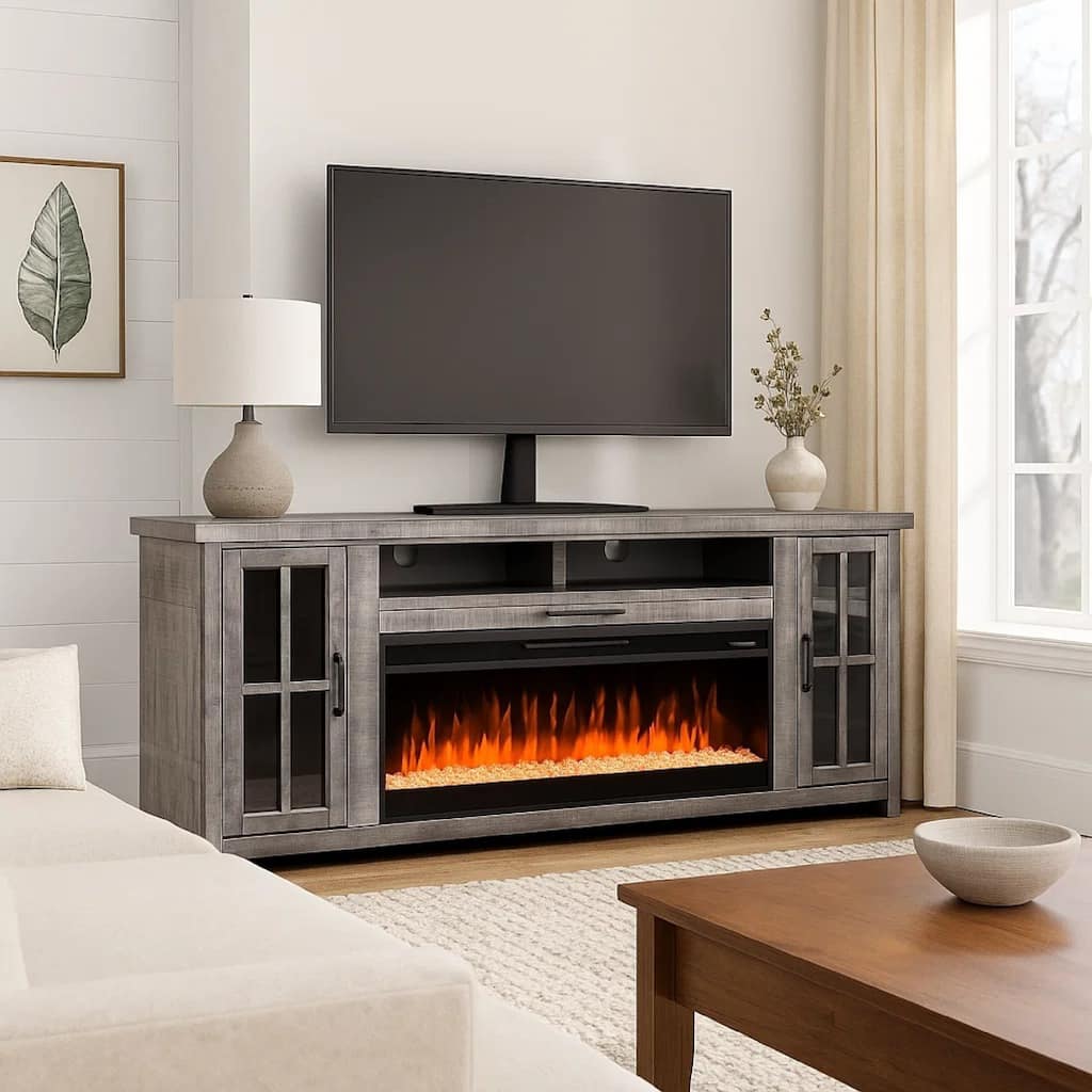 Gery TV Media Console w Crystal Fireplace Insert Option, 76 Inch, 2 Cabinets, Gray