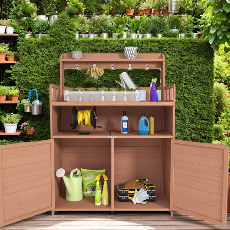 Versatile Potting Bench Outdoor Gardening Table, Wood Planting Workstation with Cabinet & Shelf - 55.12“H