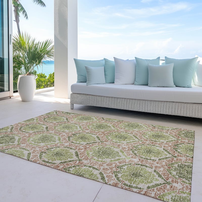 Machine Washable Indoor/ Outdoor Chantille Traditional Damask Rug - Olive - 5' x 7'6"