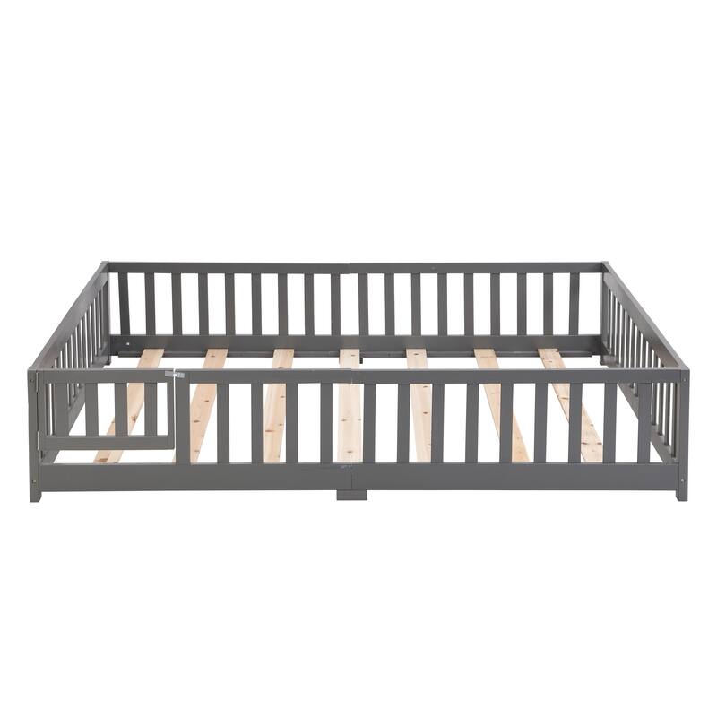 Twin Size Floor Bed with Door,Solid Wood Platform Bed Frame with Fence,Suitable for children,Pine Wood,Gray