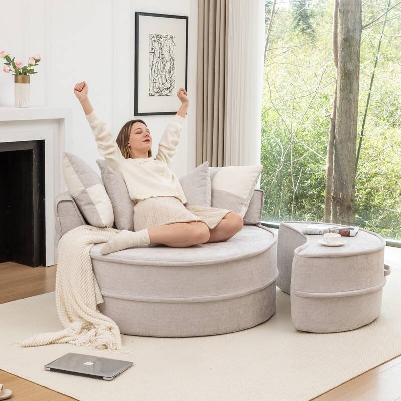 47.63" Round Lazy Fully Compression Sofa, Chenille, with Ottoman - Grey
