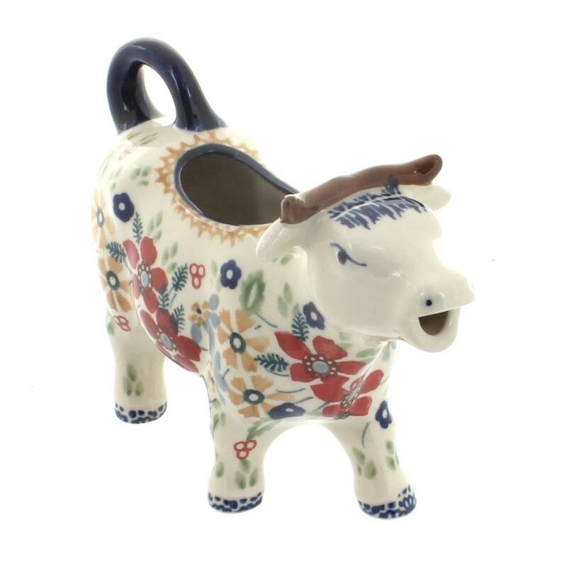 Blue Rose Polish Pottery D081 Manufaktura Cow Creamer - Red Daisy