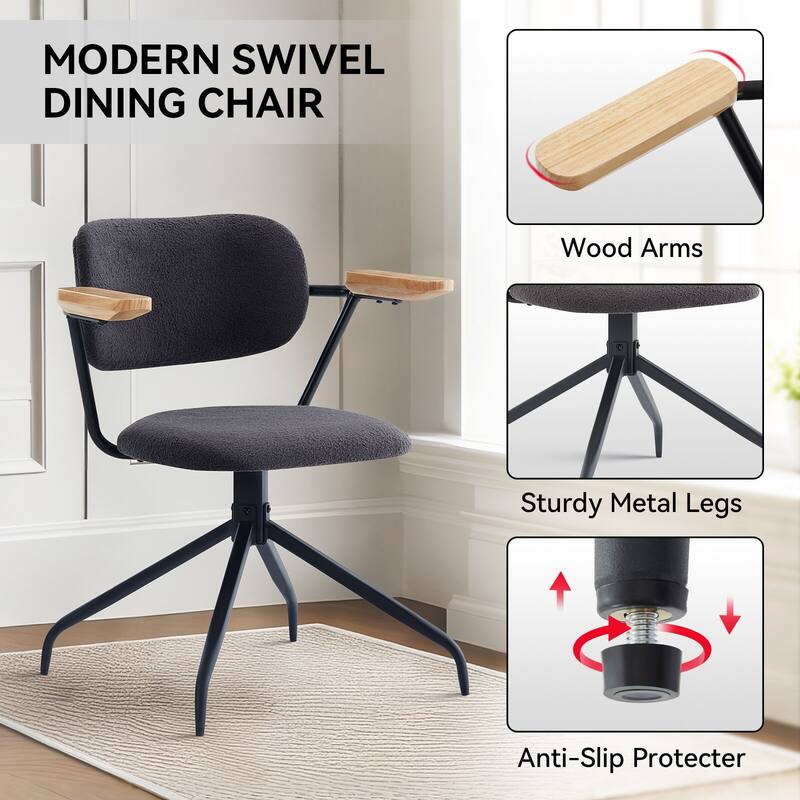 Modern Upholstered Swivel Chair With Solid Wood Arms And Metal Frame