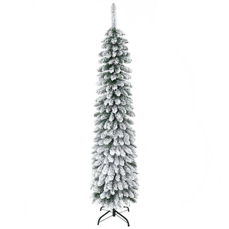 6FT Tall Unlit Snow Flocked Slim Pencil Artificial Christmas Tree with Realistic Branches & 395 Tips - Green - 6 Foot