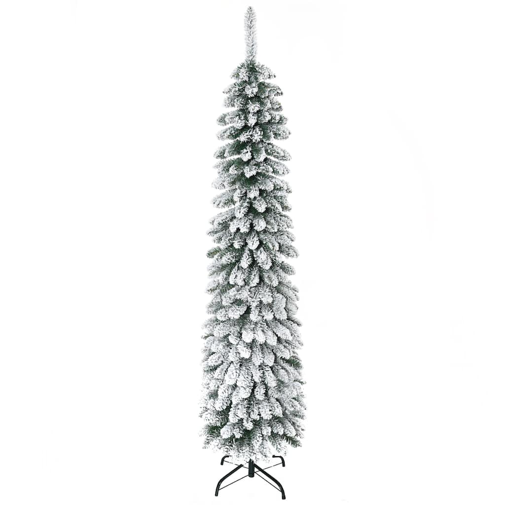 6FT Tall Unlit Snow Flocked Slim Pencil Artificial Christmas Tree with Realistic Branches & 395 Tips