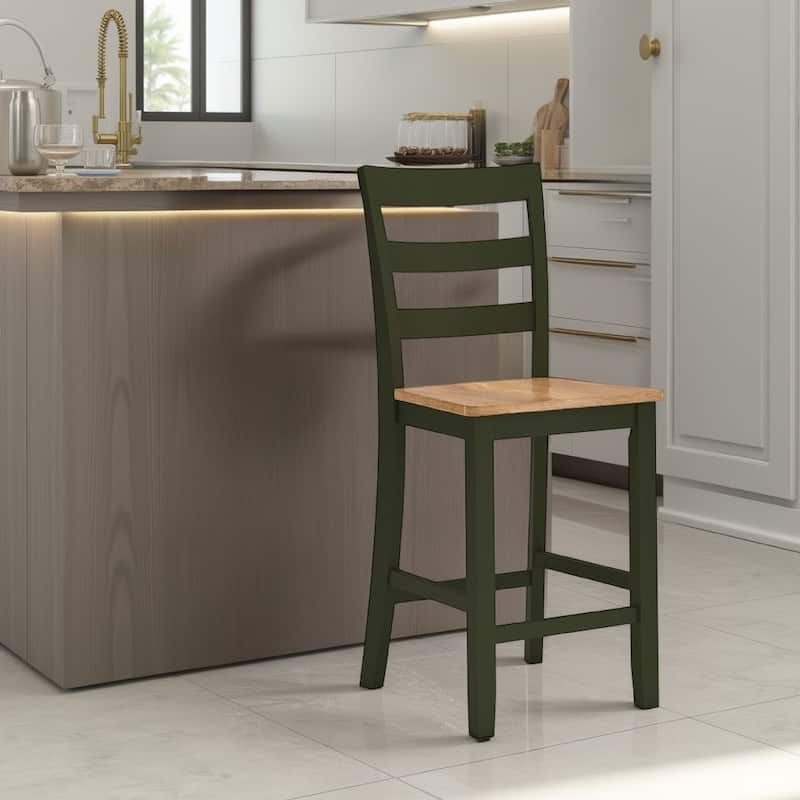 Gasy Counter Height Chair Set of 2, Dark Green Solid Wood, Brown Seat