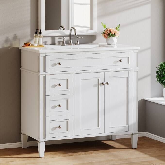 Modern Wood Bathroom Vanity, Storage Cabinet with Ceramic Sink - White