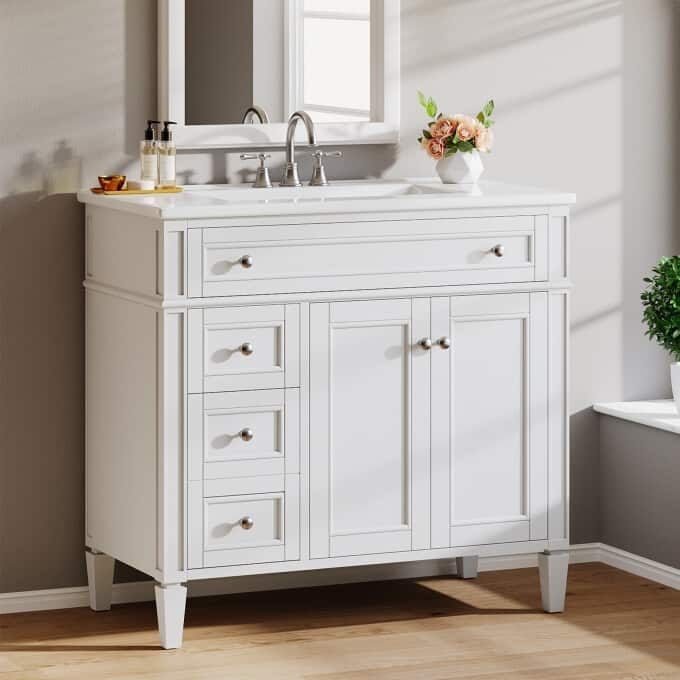 Modern Wood Bathroom Vanity, Storage Cabinet with Ceramic Sink
