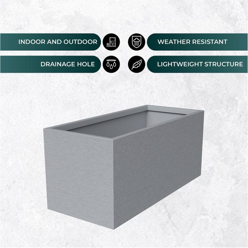 Flora Modern Rectangular Fiberstone MGO Planter with Drainage, Weather-Resistant Indoor Outdoor Decorative Plant Pot