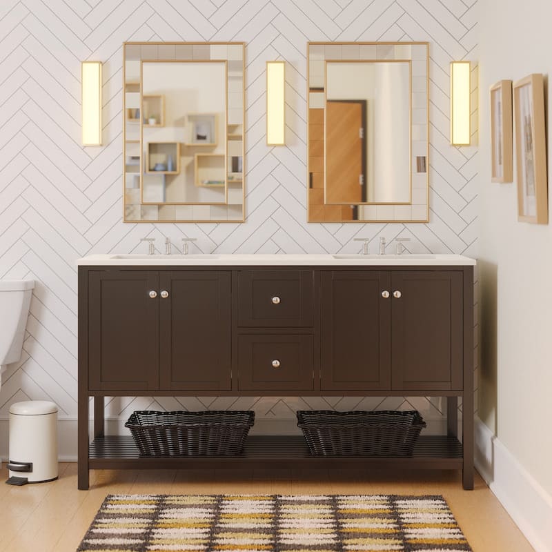 KitchenBathCollection Lakeshore 60" Double Bathroom Vanity with Engineered White Top - Chocolate
