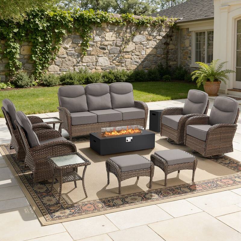 Luna 10-Piece Wicker Outdoor Patio Fire Pit Sofa Set with 6-Inch Thick Cushions - Gray Cushions - Brown Wicker
