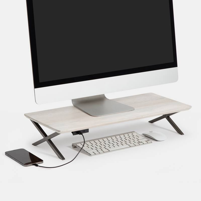 Jani Wood Monitor Stand Riser Desk - Ergonomic Design Stand, Desktop Organizer Table for Home, Office Workspace, Gaming Desk - Off-White