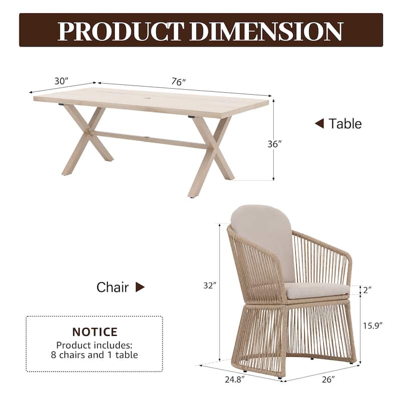 9-Piece Outdoor Dining Set - Weather-Resistant Aluminum Table with X-Leg Stability & PE Rattan Chairs