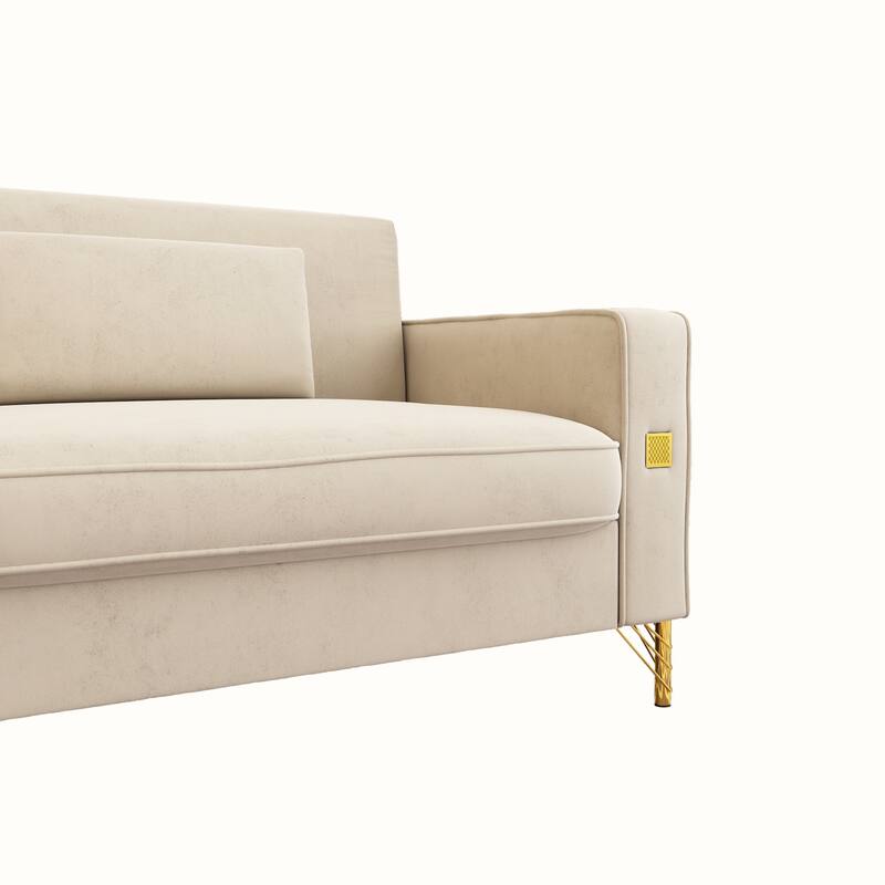 86-inch 2-seat Velvet Square Arm Upholstered Sofa with Two Waist Pillows
