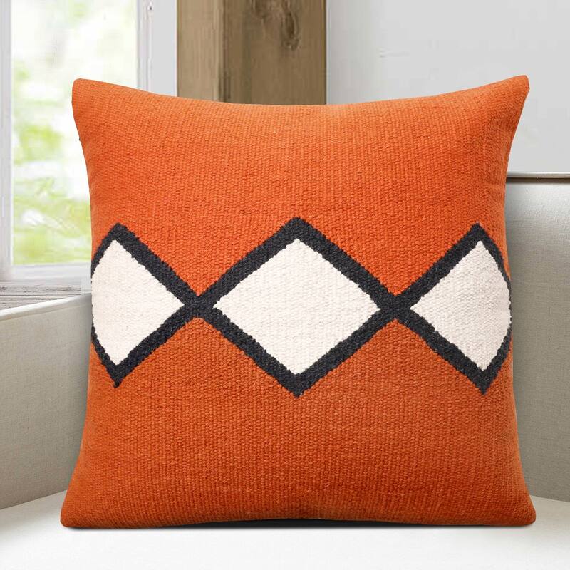 Handwoven Embroidered Diamond Cotton Throw Pillow Cover - 20" - Orange and White
