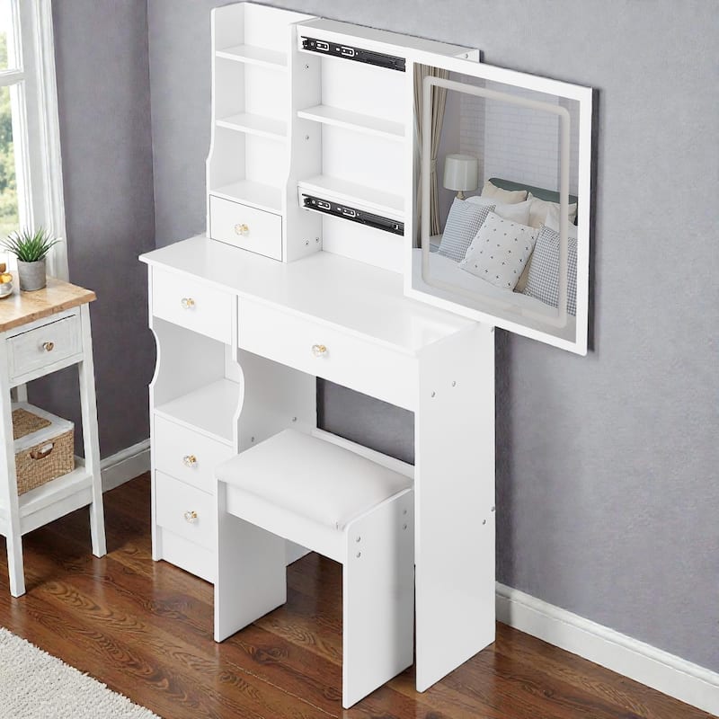 29.2'' Small Vanity Table with LED Tri-Color Mirror, Drawer & Cushioned Stool, Space-Saving Makeup Desk for Small Rooms