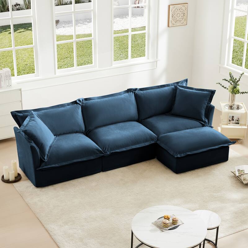 Modern L-Shaped Sectional Sofa Couch with Ottoman & 2 Big Pillows - Blue