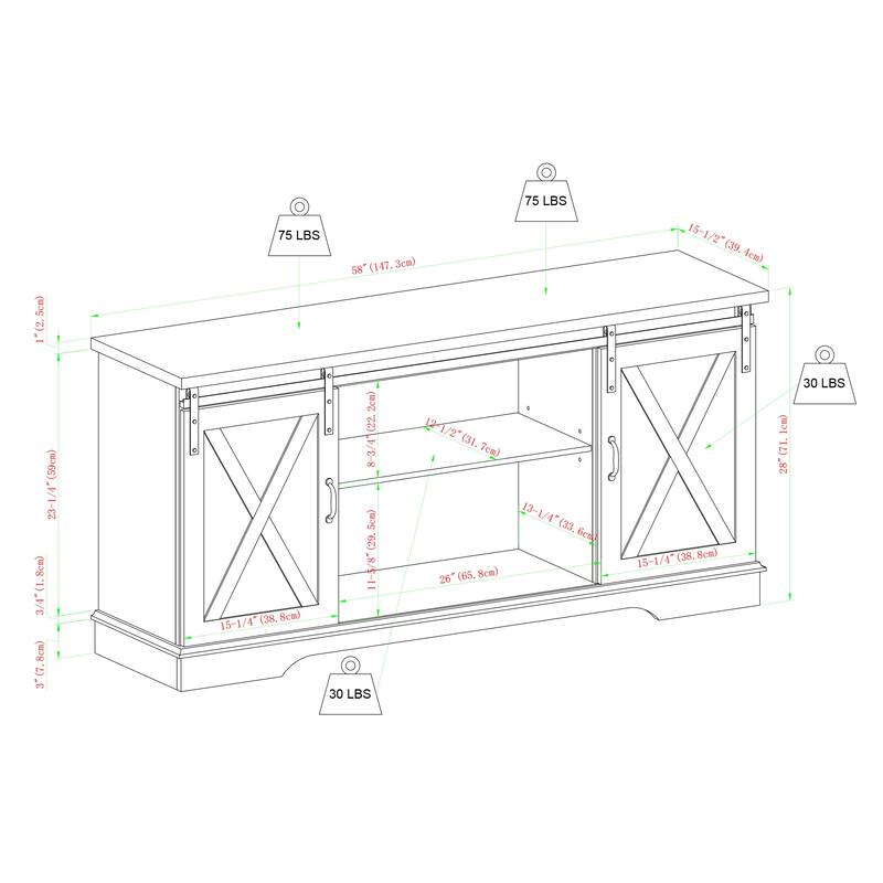 Farmhouse Grey Wash TV Stand with Sliding Barn Doors for TVs up to 65 Inches