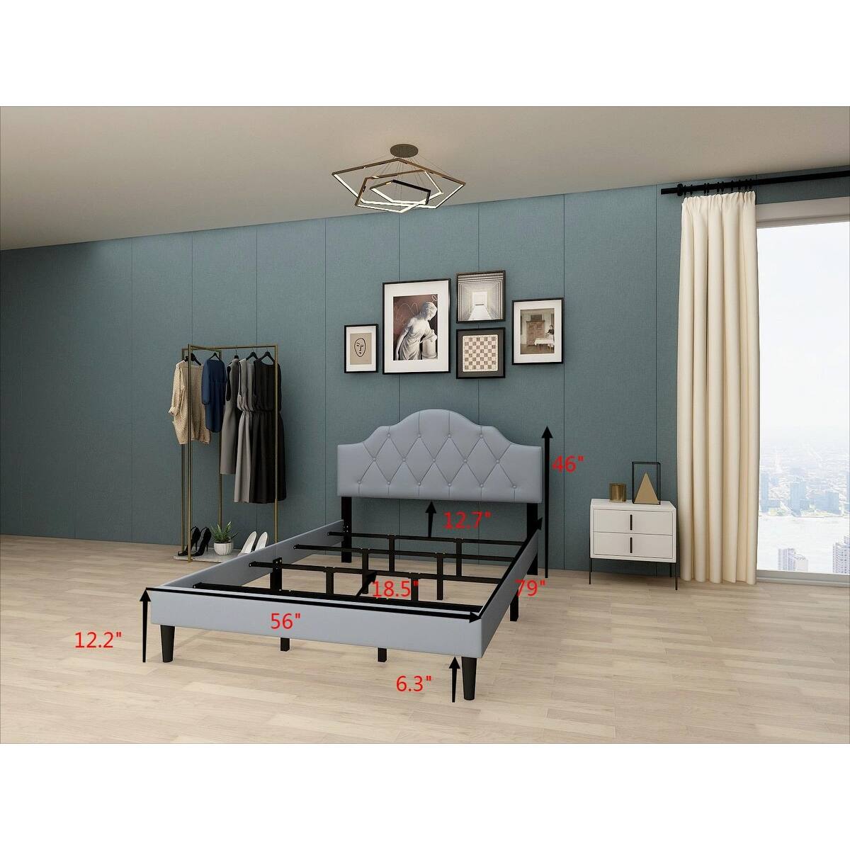 Linen Metal Slat Platform Bed with No Box Spring Required,
