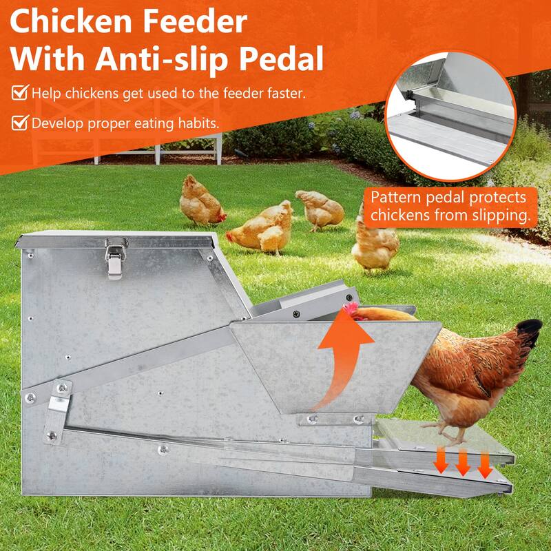 Automatic Chicken Treadle Feeder, 27 LB Galvanized Steel Poultry Feeder