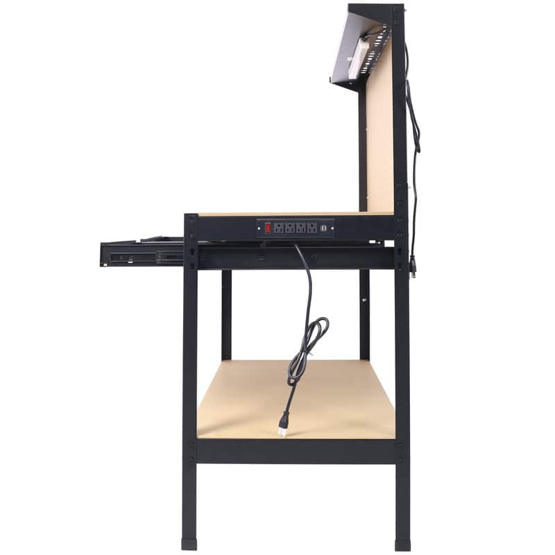Grondin Industrial Style Steel Workbench Tool Storage Work Table with 2 Drawers, Power Out-Let, Led Lights and Bottom Shelf