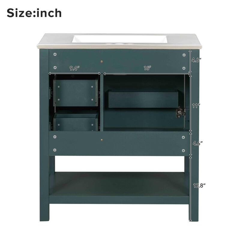 30 Inch Transitional Bathroom Vanity with Ceramic Sink, Solid Wood Cabinet, Soft-Close Doors and Drawers