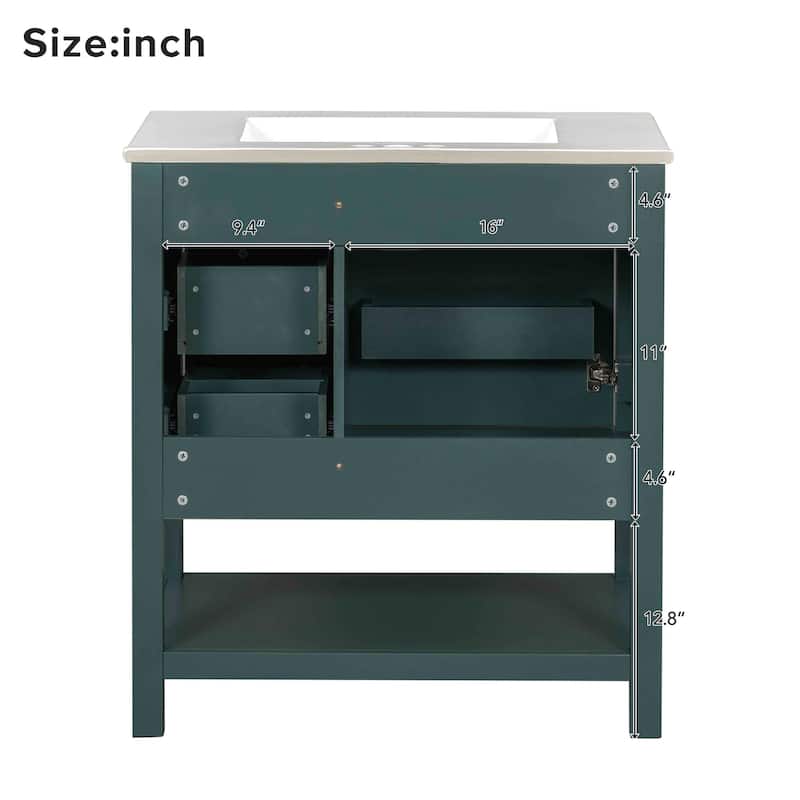 Bathroom Vanity with Ceramic Sink, Freestanding Bathroom Vanity with Soft Close Door, Solid Wood Sink Cabinet with Open Shelf