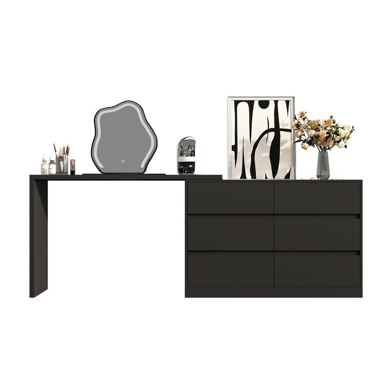 32.7"H Rotating Dresser and Desk 6 Drawer Dresser Makeup Vanity White/Black