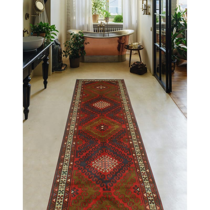 Fine Vintage Distressed Bunmi Burgundy/Navy Runner - 3'5" x 13'2"