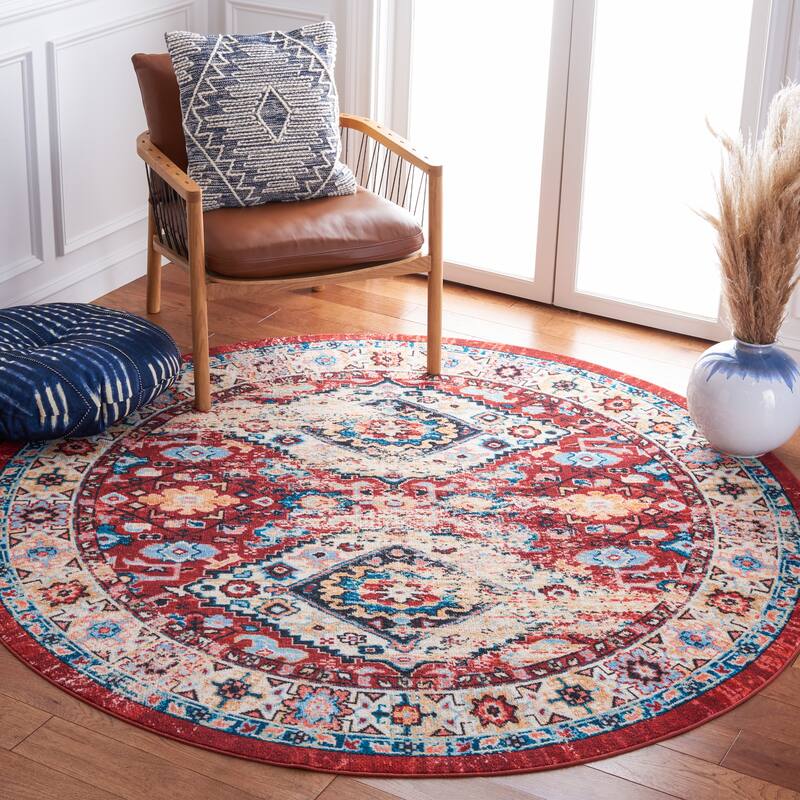 SAFAVIEH Riviera Machine Washable Slip Resistant Vertie Oriental Rug - 6'7" Round - Red/Blue