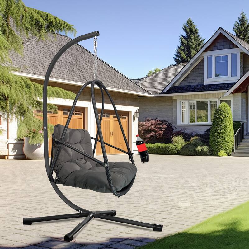 Swing Egg Chair with Stand and Cup Holder, Basket Hanging Chair with Cushion & Pillow Patio Wicker Hanging Chair