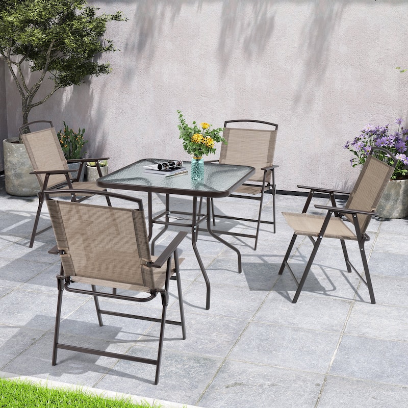 Outdoor 5-piece Patio Dining Set Folding Chairs and Glass Table with Umbrella Hole - See the specifications