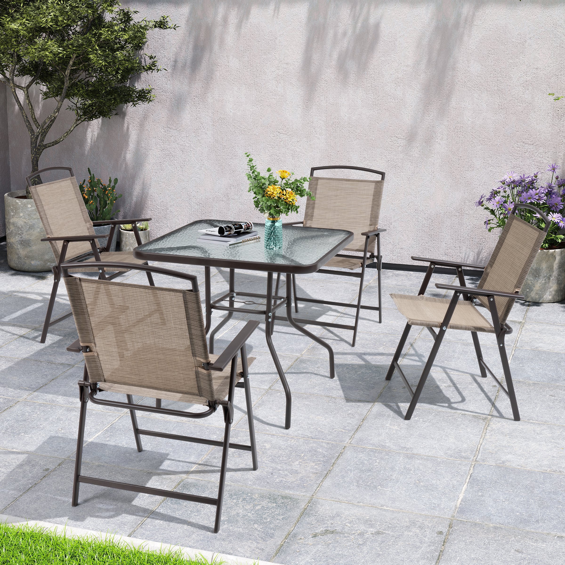 Outdoor 5-piece Patio Dining Set Folding Chairs and Glass Table with Umbrella Hole - See the specifications
