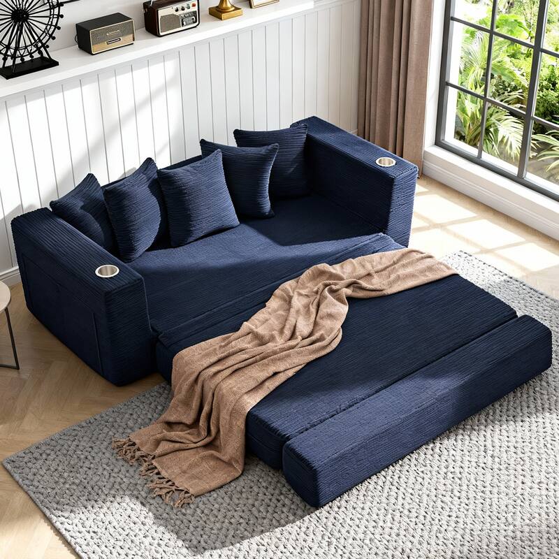 76" Folding Convertible Sofa Bed - Multi-Functional Sleeper Sofa for Living Room, Apartment, Office - Blue