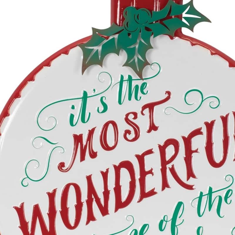 HomeRoots 18" X 14" White Green And Red Metal Christmas Ball Hanging Wall Decor