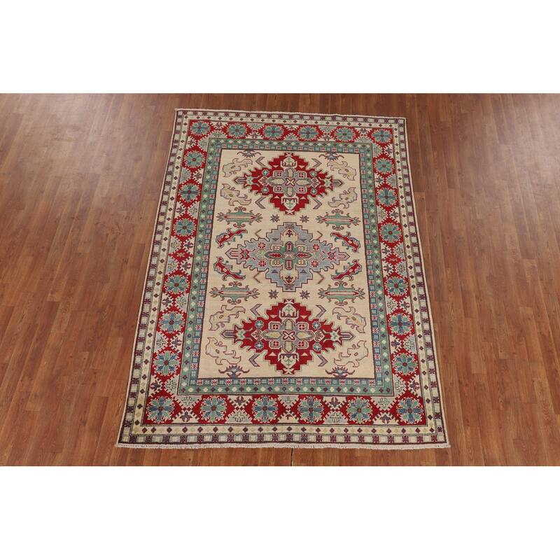 Hand Knotted Oriental 100% Wool Carpet Traditional Geometric Beige & Ivories Kazak Area Rug - 8' 0'' X 5' 8''
