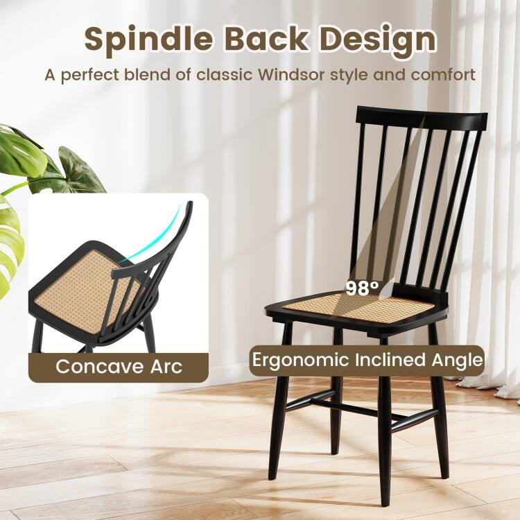 Stylish Windsor Style Dining Chair Set with PE Rattan Seat Ergonomic Spindle Back and Rubber Wood Frame - 21.5" x 16" x 38"