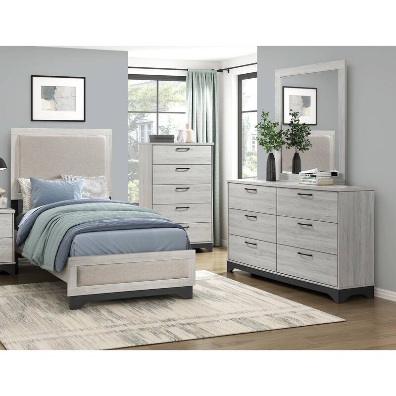 4pc Bedroom Set Two-Tone Finish Platform Bed Dresser Mirror Chest - Twin