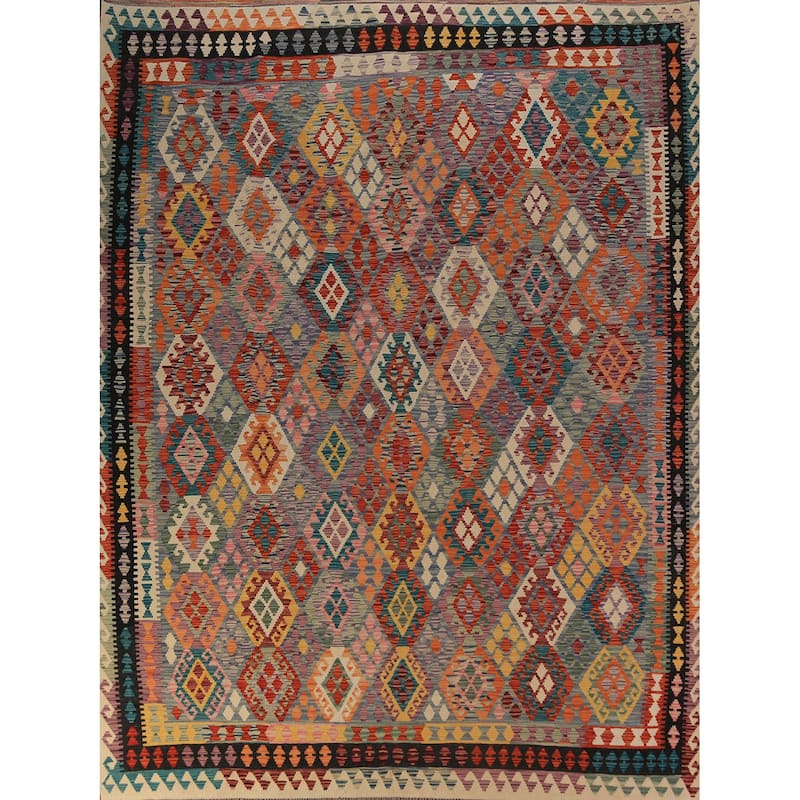 All-Over Geometric Kilim Oriental Area Rug Flatweave Wool Carpet - 8'10"x 11'2"
