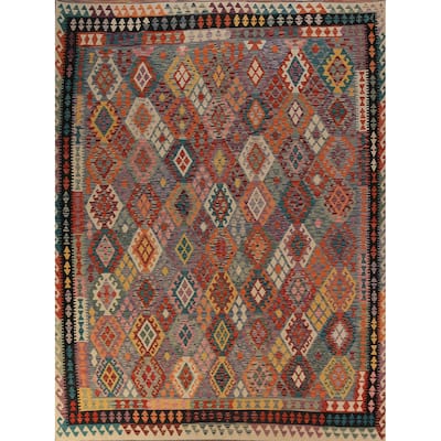 All-Over Geometric Kilim Oriental Area Rug Flatweave Wool Carpet - 8'10"x 11'2"