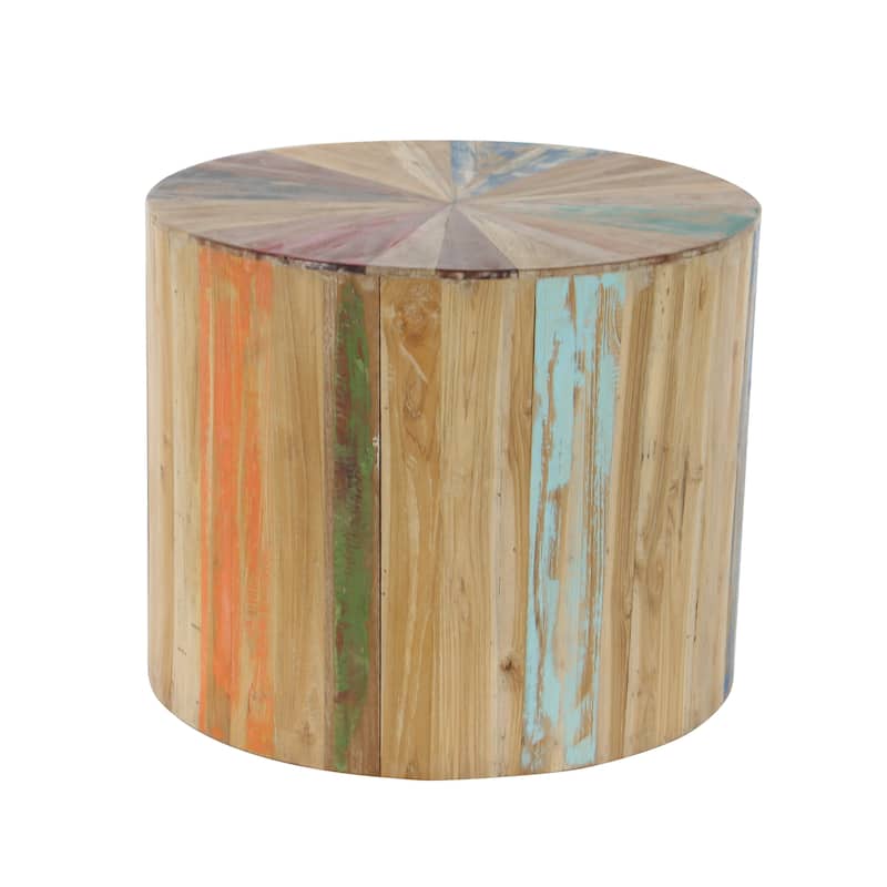 Brown Reclaimed Wood Handmade Pinwheel Drum Geometric Coffee Table with Colorful Painted Accents