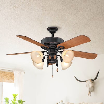 52" Traditional Reversible Wood 5-blade Ceiling Fan with Lights and Pull Chain