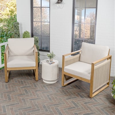 Saranac Mid-Century Modern Roped Acacia Wood Outdoor Patio Chair with Cushions, (Set of 2) by JONATHAN Y