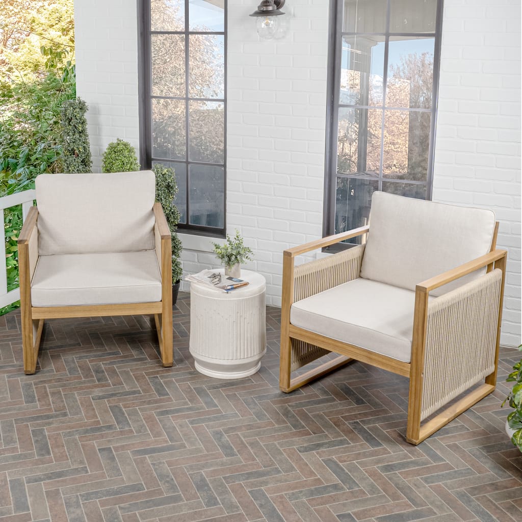 Saranac Mid-Century Modern Roped Acacia Wood Outdoor Patio Chair with Cushions, (Set of 2) by JONATHAN Y