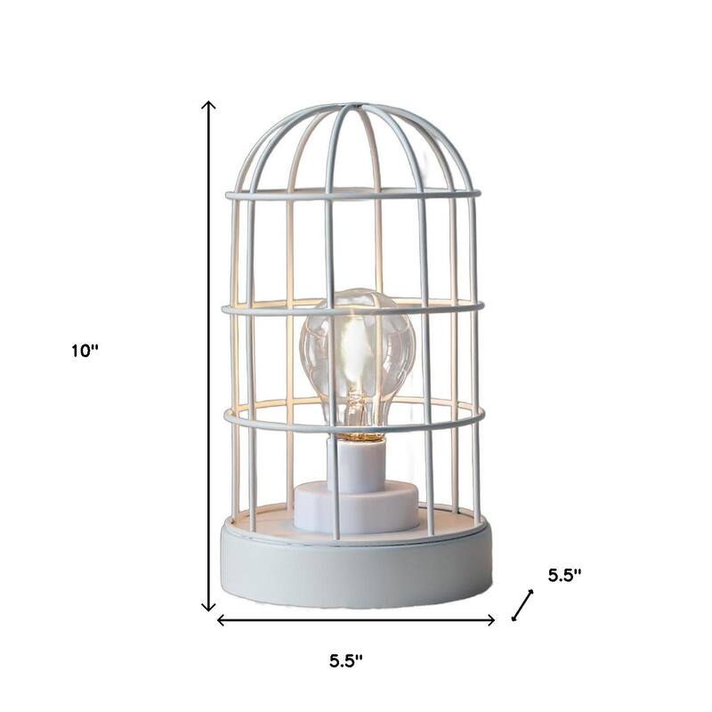 HomeRoots 10" White Battery Operated Lamp With Cage Cylinder Shade - 5.50 in. x 10.00 in. x 5.50 in.