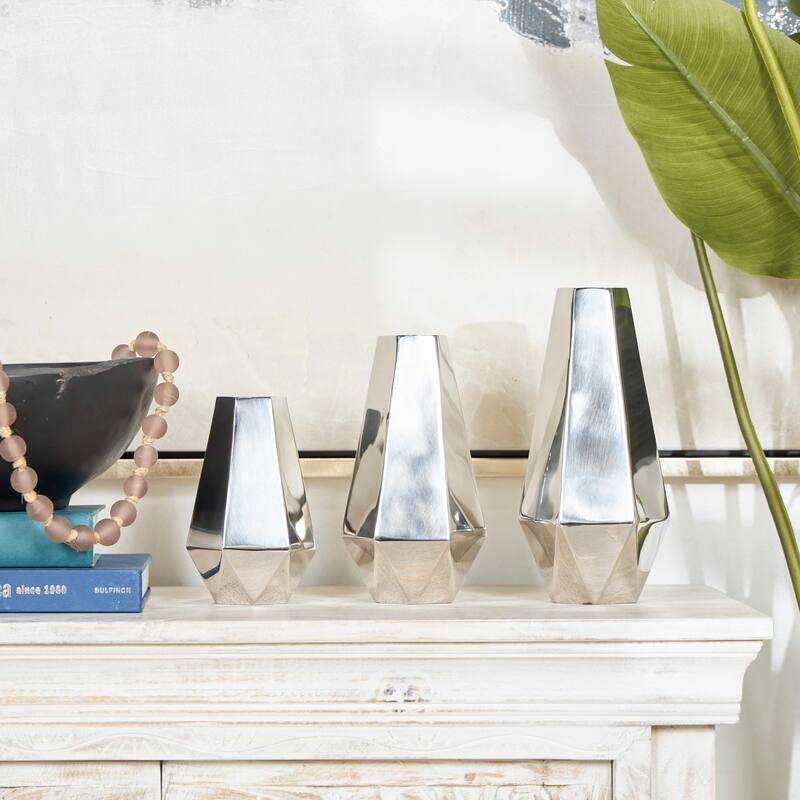 Silver or Gold Stainless Steel Metal Hexagon Shaped Geometric Vase with Varying Heights (Set of 3)