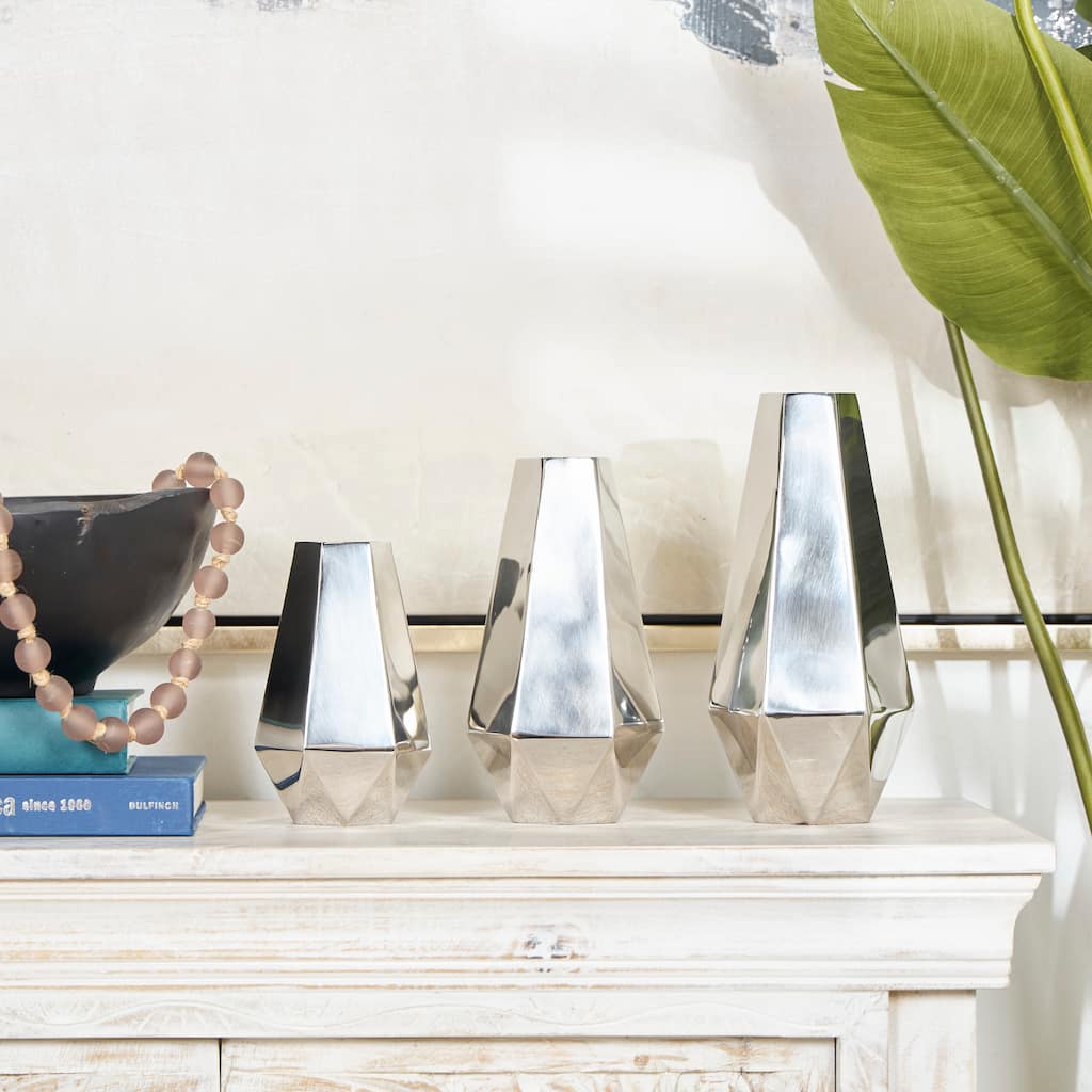 Silver or Gold Stainless Steel Metal Hexagon Shaped Geometric Vase with Varying Heights (Set of 3)